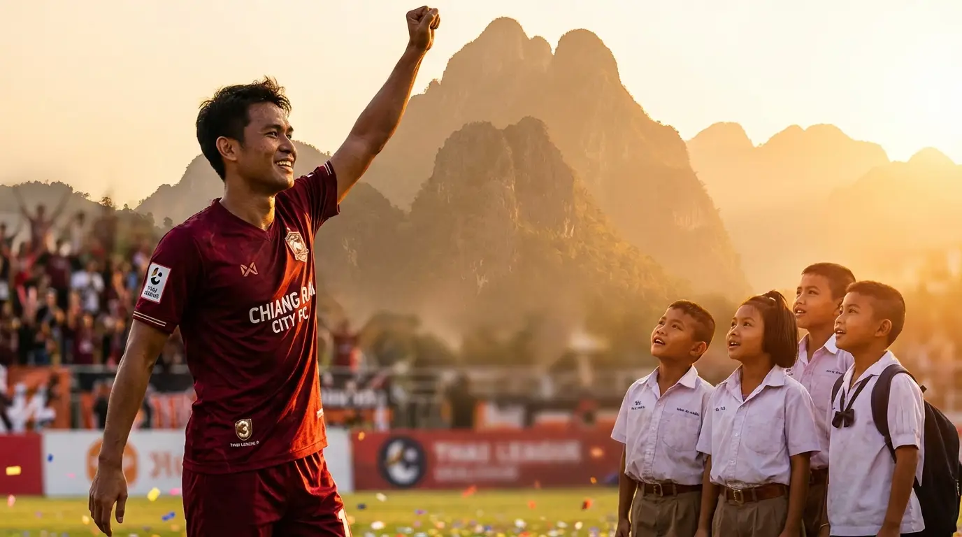 ภาพประกอบ: นักฟุตบอลทีมท้องถิ่นในชุดสีแดงเลือดหมู ยืนอยู่หน้าภูมิทัศน์ภาคเหนือของไทย มีเด็กๆ มองดูด้วยความชื่นชม แสดงถึงการสร้างแรงบันดาลใจของไทยลีก 3