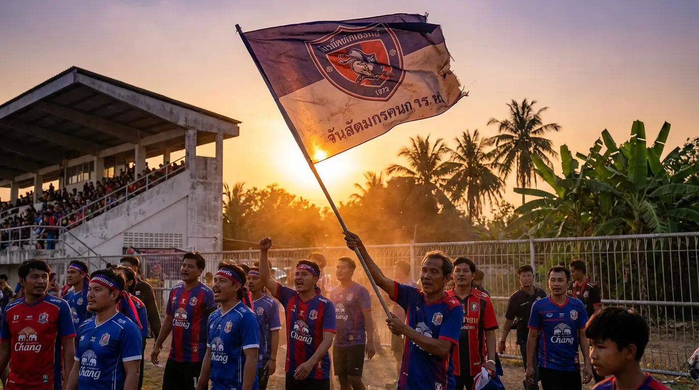 แฟนบอลไทยลีก 3 ตะโกนเชียร์ทีมรักพร้อมถือธงสโมสรที่ข้างสนามในช่วงพระอาทิตย์ตกดิน บรรยากาศอบอุ่นและดุดัน