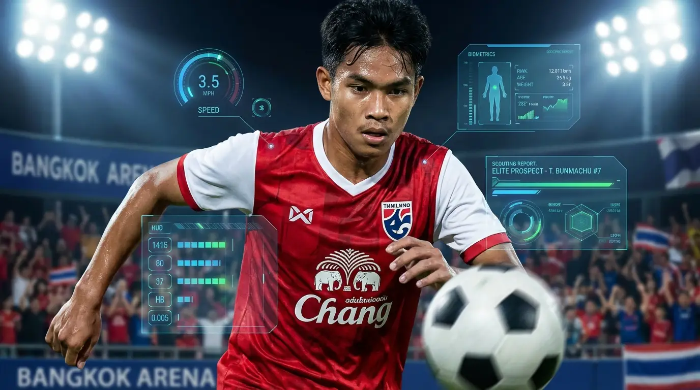 A close-up shot of a talented young Thai football player dribbling past defenders in a high-intensity match.