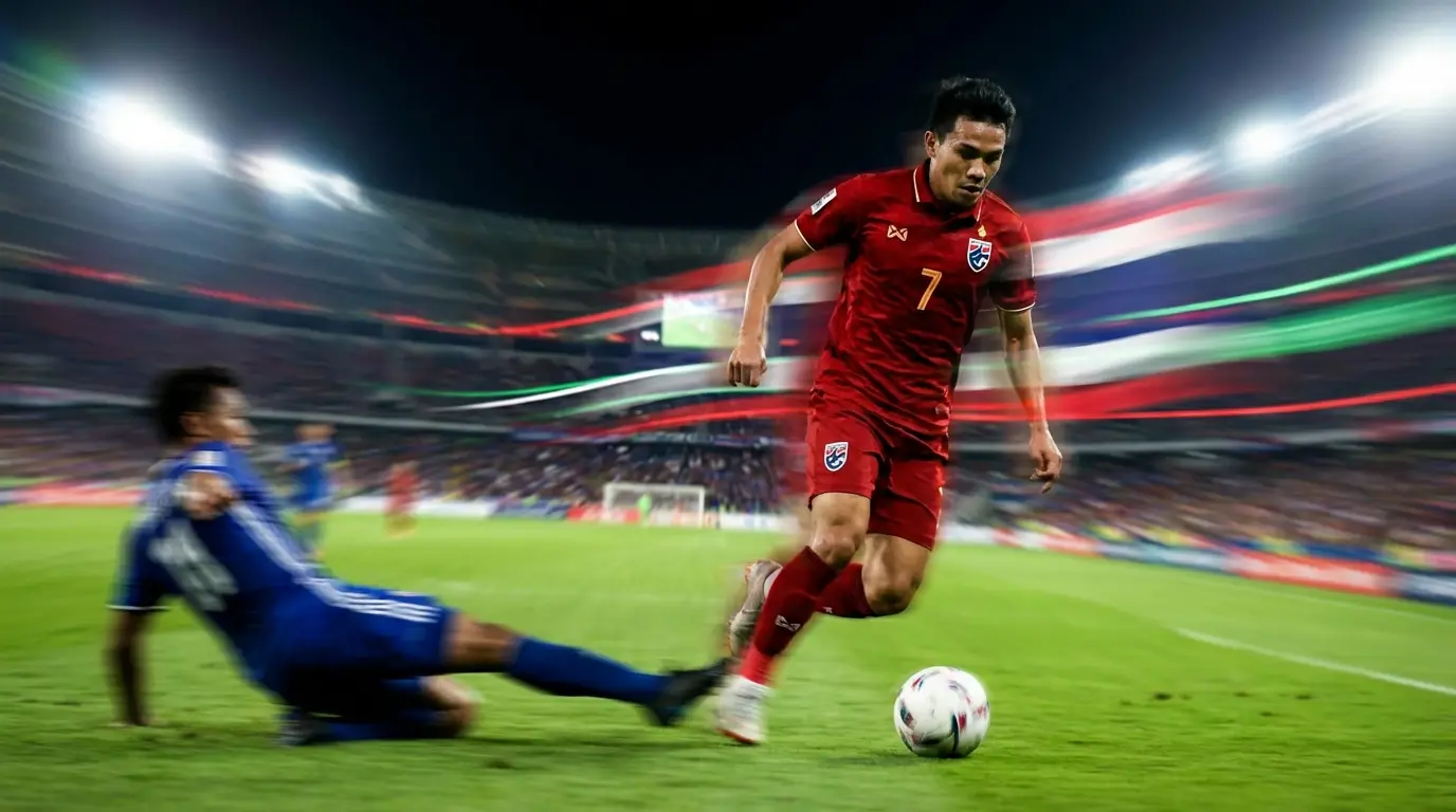 A conceptual illustration of a Thailand U23 winger in a red kit using blistering speed to dribble past a defender in a blue kit, emphasizing the tactical weapon of counter-attacking pace.