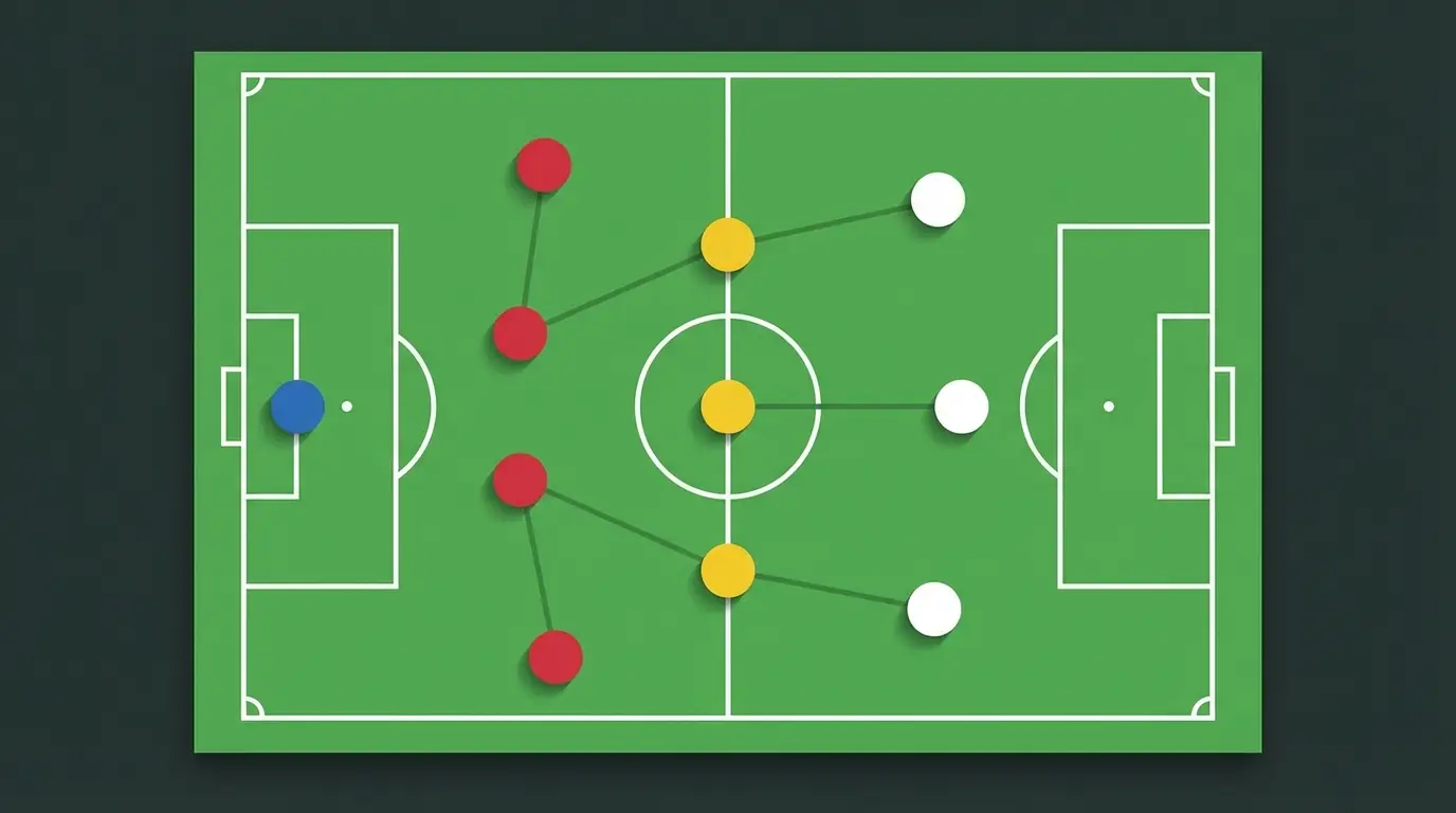 A conceptual and stylized diagram illustrating a possible football formation (like 4-3-3) on a tactical board, highlighting player positions.