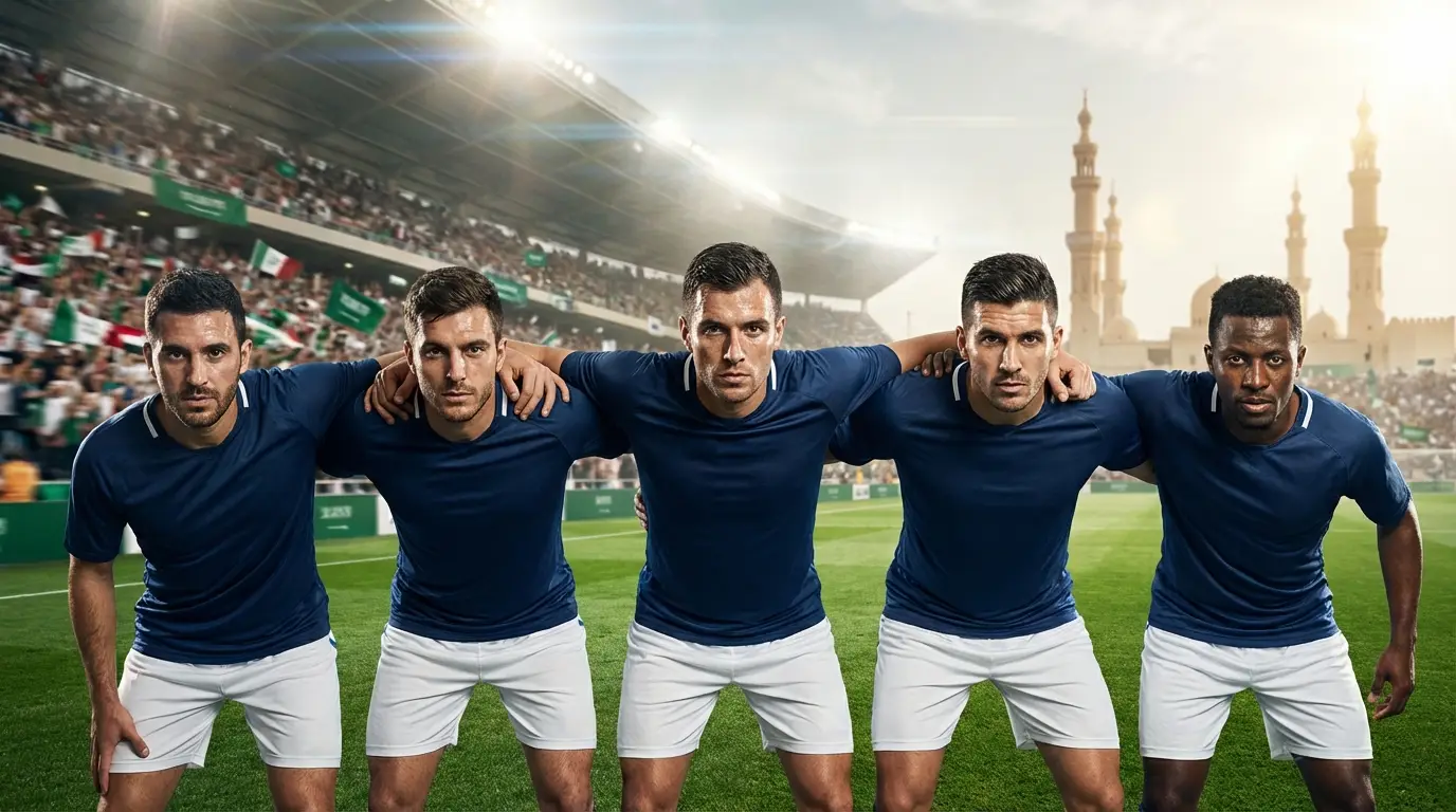 A low-angle shot of five Thai defenders in blue kits standing firm in a line, looking focused and unbeatable against an attacking opponent.