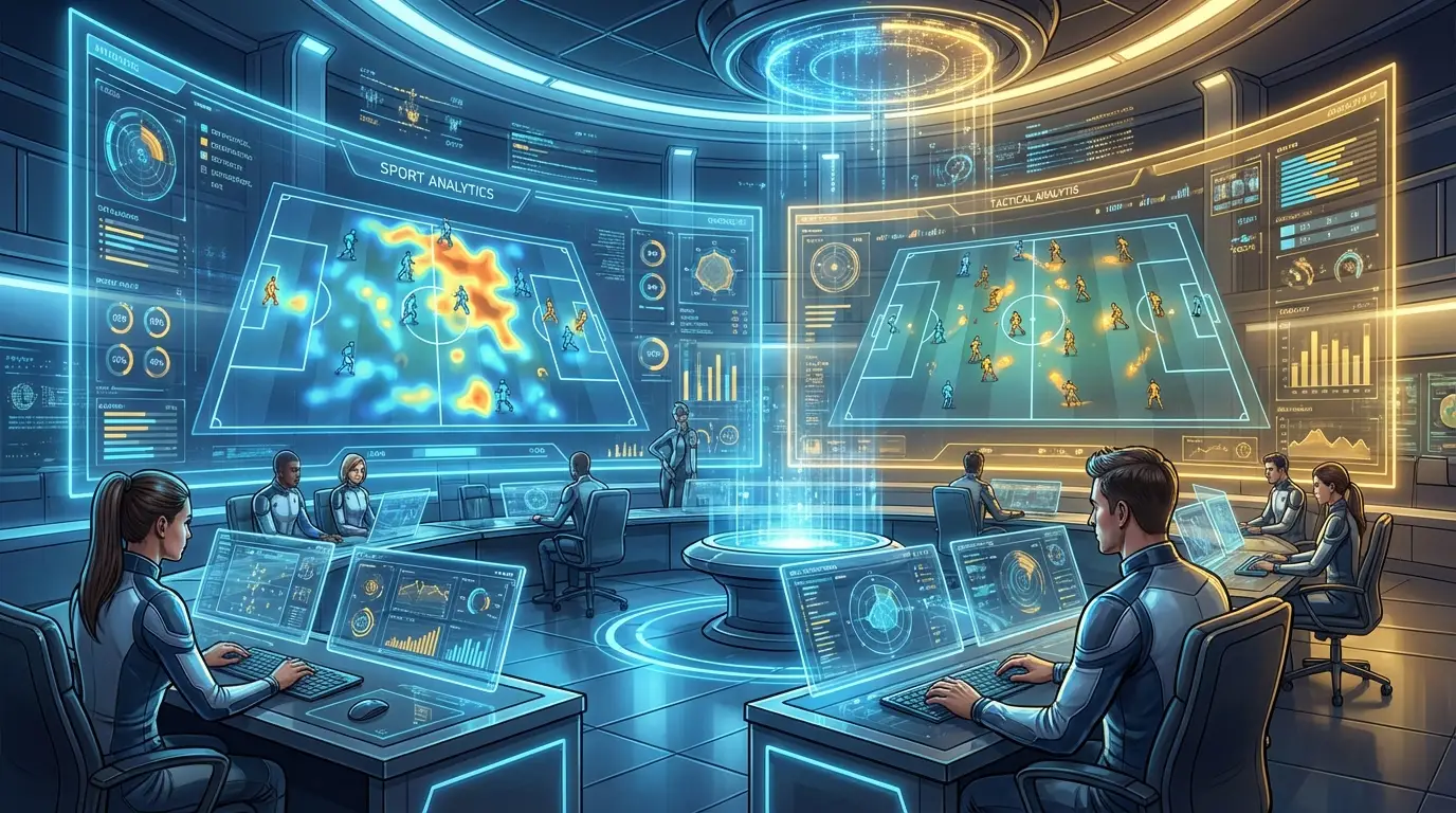 A professional sports analytics command center with holographic screens displaying 3D tactical heatmaps and Thai League player statistics, cool blue and warm gold ambient lighting.