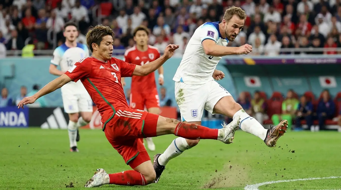 A tense defensive moment: a Thai defender in red makes a crucial sliding block against an opposing striker inside the penalty area, capturing the pressure of a must-win match.