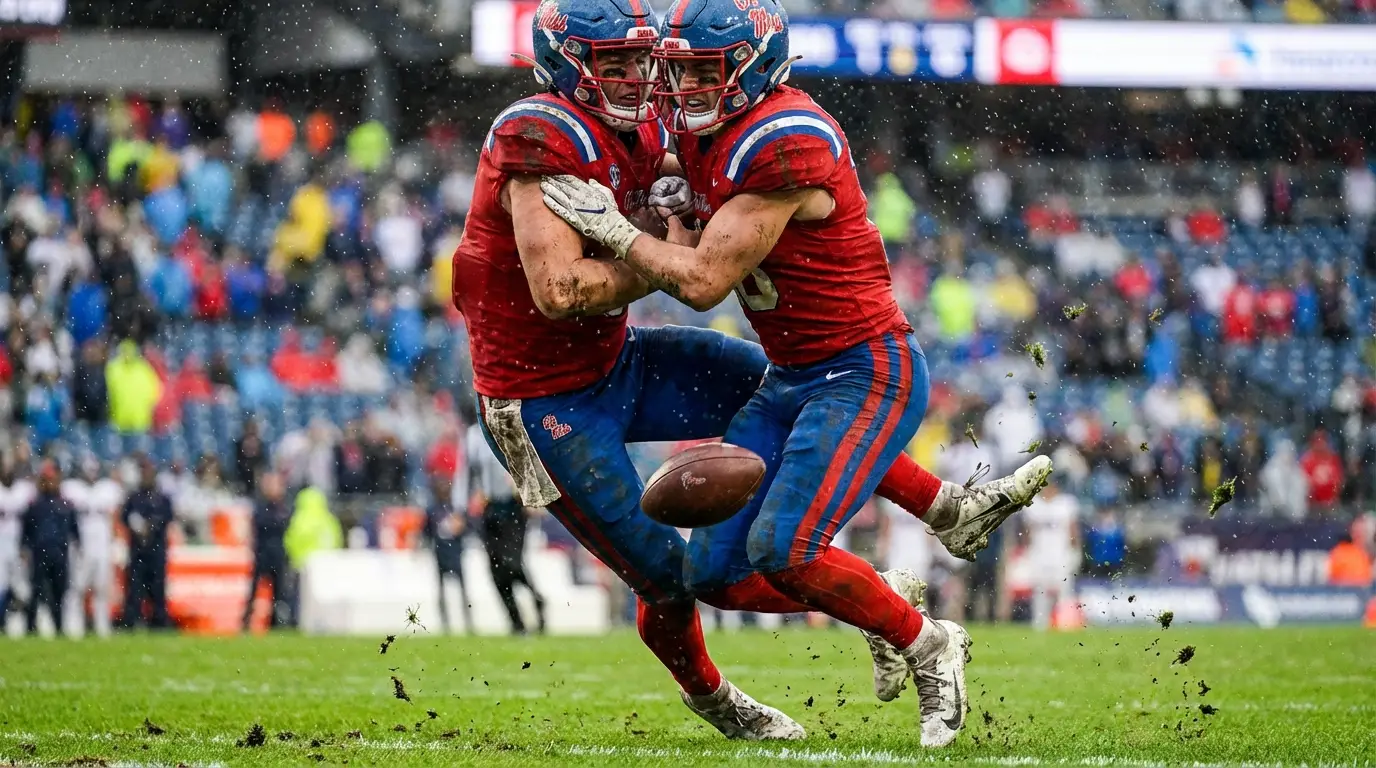 Intense close-up of two professional football players in red and blue kits battling for the ball, sweat and grass flying, high-speed action, blurry stadium crowd background. Art style: Dynamic Cinematic Sports Photography. High contrast, sharp focus, Dynamic action, Stadium atmosphere, Vibrant colors, Hyper-realistic textures. --ar 16:9