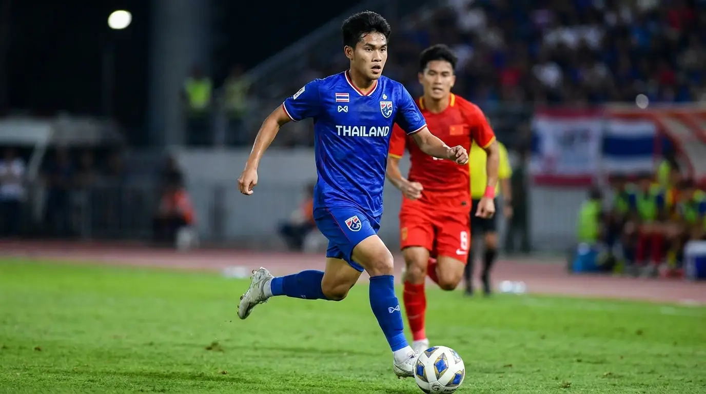 นักเตะทีมชาติไทย U23 กำลังครองบอลในแดนกลางสนาม