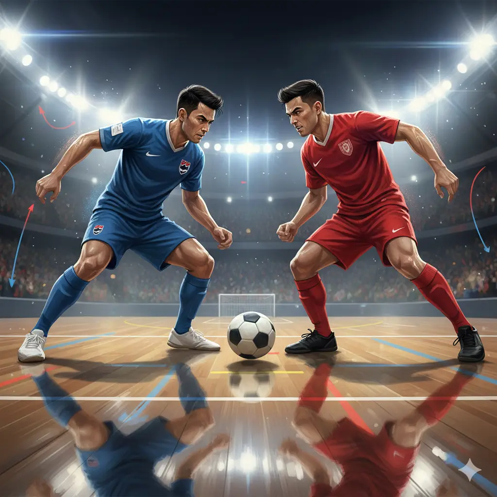 การเผชิญหน้าระหว่างนักเตะไทยในเสื้อสีน้ำเงินและนักเตะคู่แข่งในเสื้อสีแดงในสนามฟุตซอล