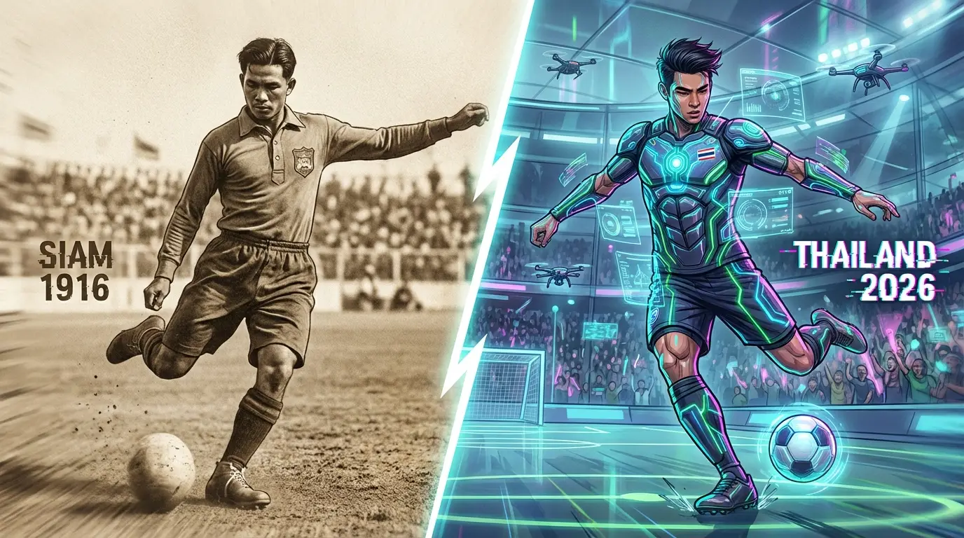 A high-contrast split composition showing a vintage 1916 Thai footballer in sepia tones on the left, and a futuristic 2026 Thai footballer with sleek biometric gear and holographic displays on the right.