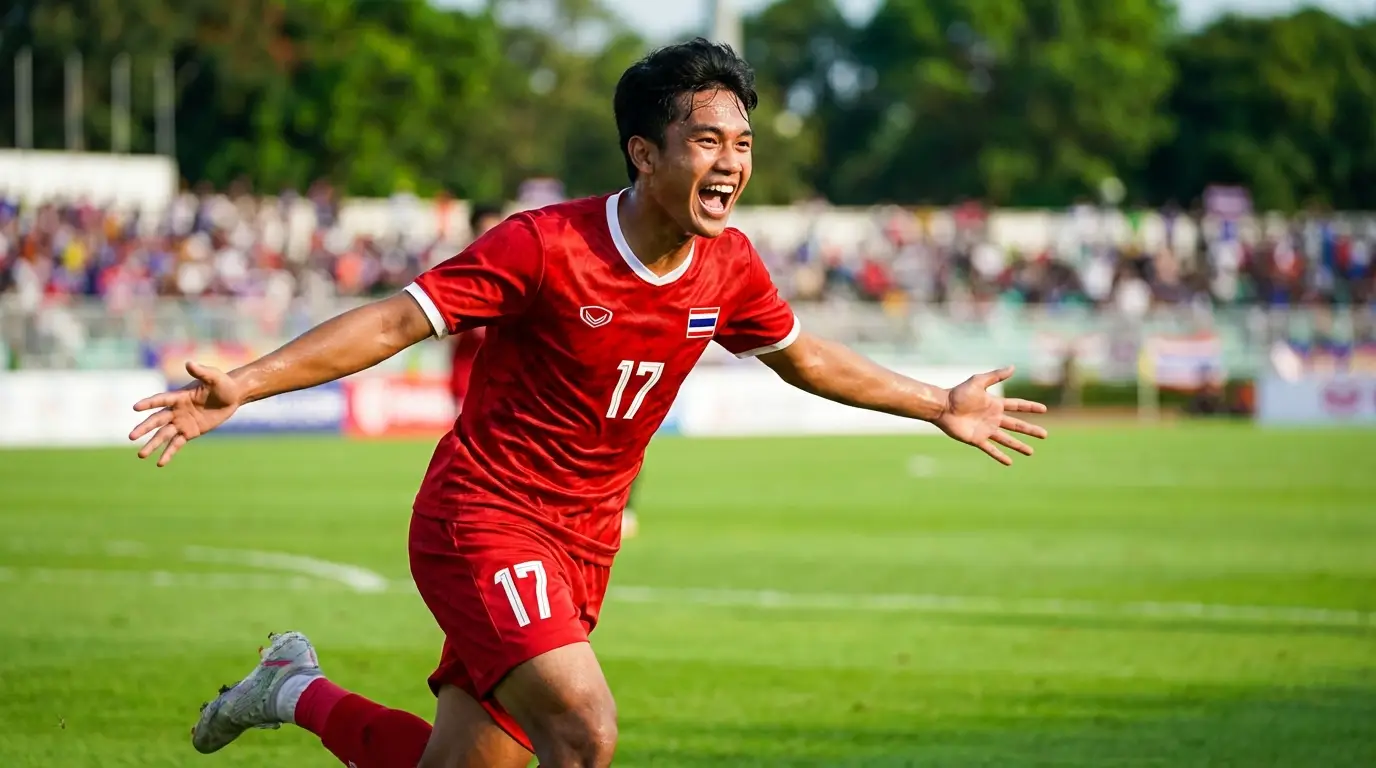 A young Thai footballer in a red kit running in celebration with pure joy after scoring a goal, on a vibrant green pitch under sunlight.