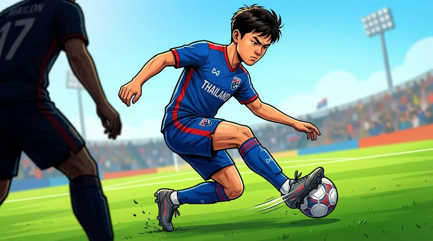 A stylized young Thai attacking midfielder skillfully dribbling past a defender with a quick feint, showcasing agility and technical flair on the pitch.
