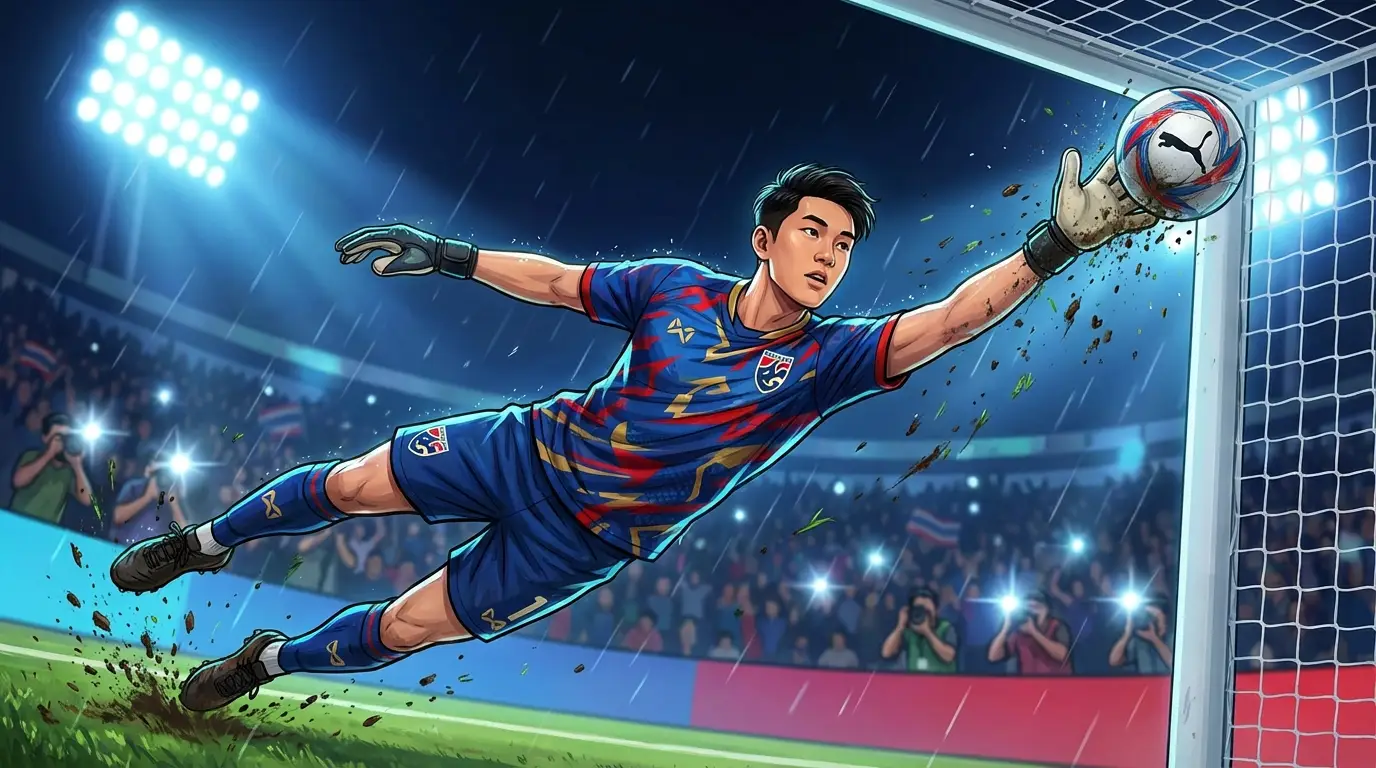A stylized young Asian goalkeeper in a Thailand-themed kit making a dramatic, full-stretch save, emphasizing agility and focus.