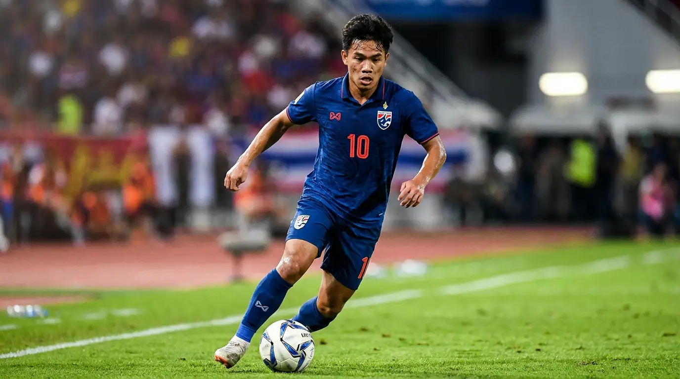 A dynamic action shot of a Thailand U23 player dribbling the ball on the pitch, showcasing skill and determination.