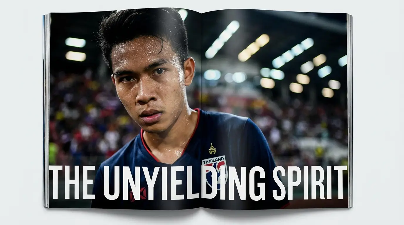 Close-up portrait of a determined young Asian football player, sweat glistening on skin, intense gaze, blurred stadium lights in the background.