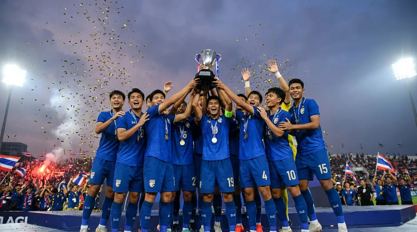 The Thailand U23 national football team celebrating together, lifting a large championship trophy on a podium, with confetti in the air and a sense of unified triumph.