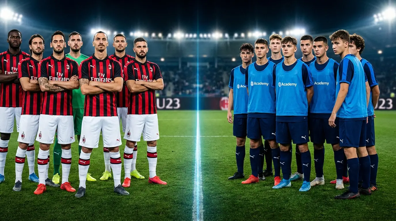 ภาพเชิงสัญลักษณ์แสดงการแบ่งฝั่งระหว่างนักฟุตบอลตัวหลักและดาวรุ่งบนสนามเดียวกัน