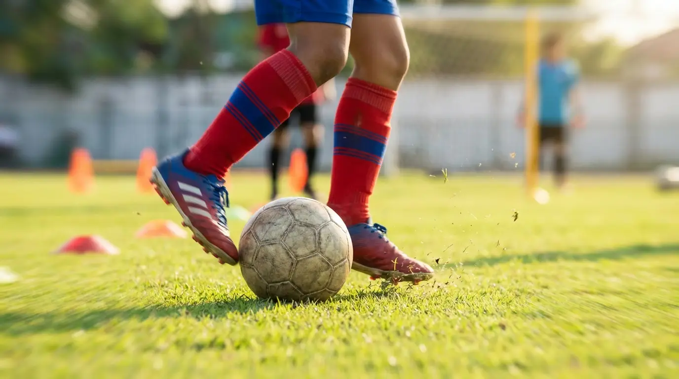 A dynamic close-up of a young footballer's feet and the ball, showcasing dribbling skill and control during a training session.