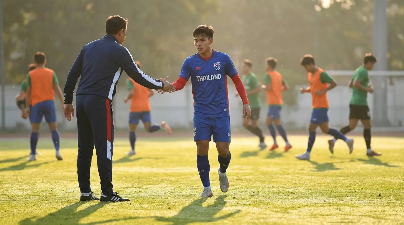 นักเตะดาวรุ่งทีมชาติไทย U23 กับโค้ชก่อนการฝึกซ้อม