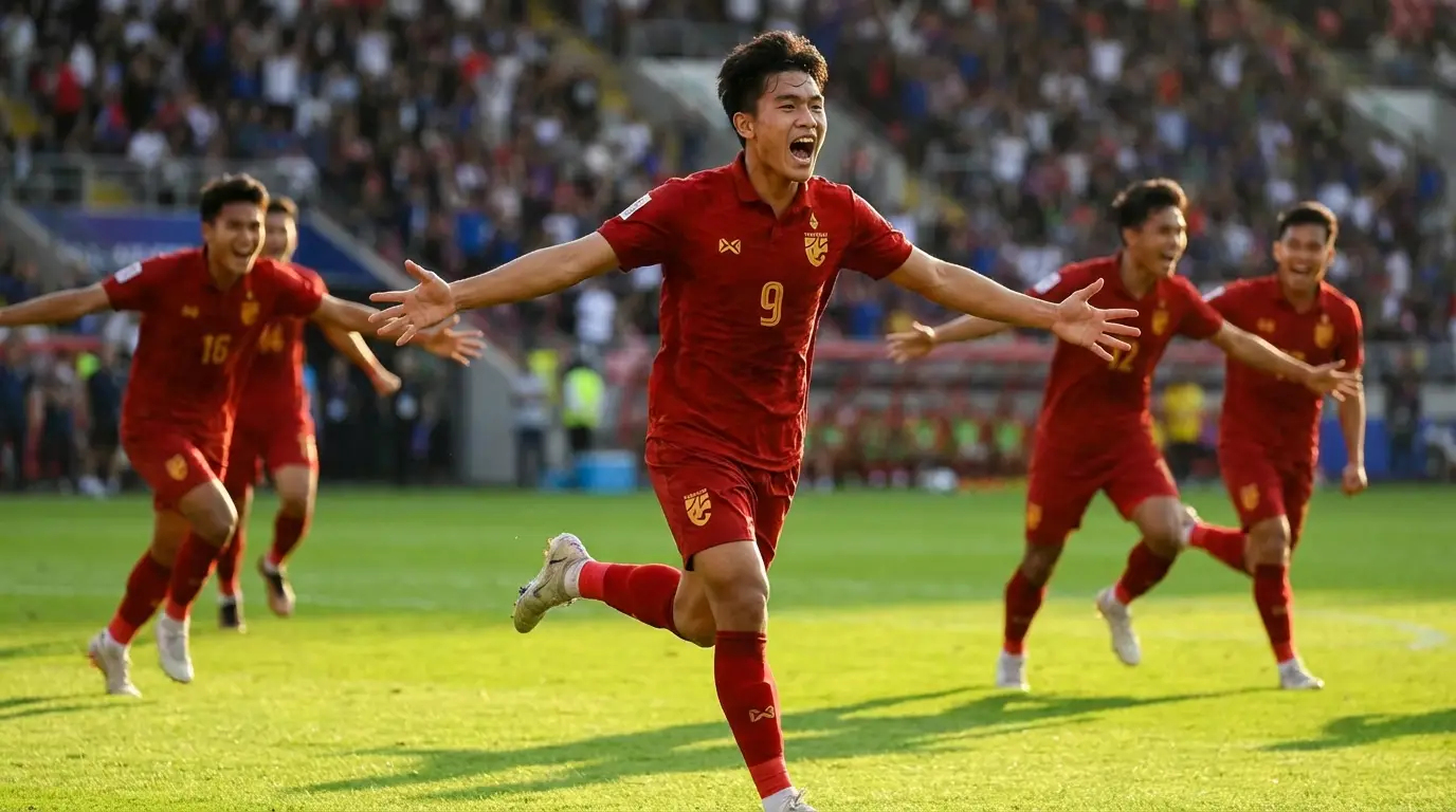 A young Thai striker in a red jersey, arms outstretched in triumphant celebration after scoring a goal, with teammates rushing to join him.