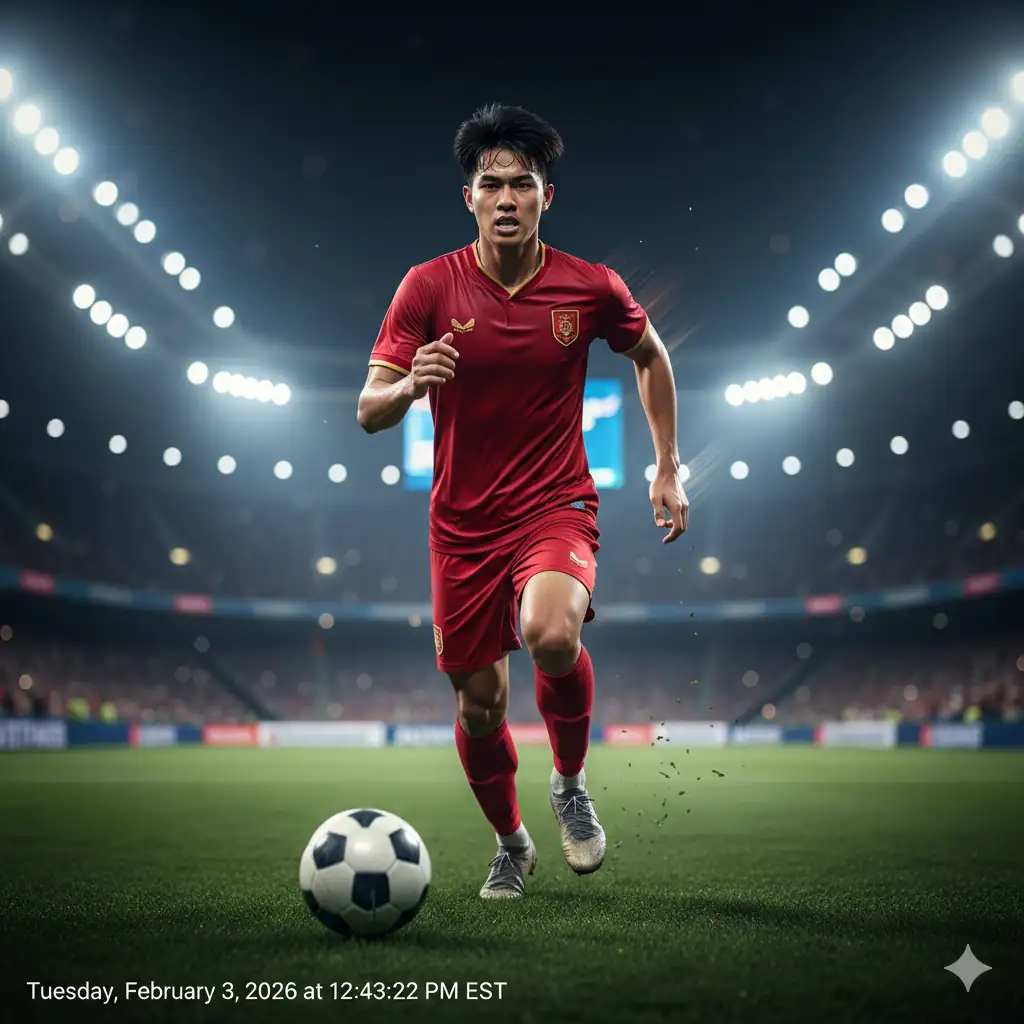 A young Thai footballer in a red national kit sprinting with the ball, high intensity, grass splattering, focused expression.