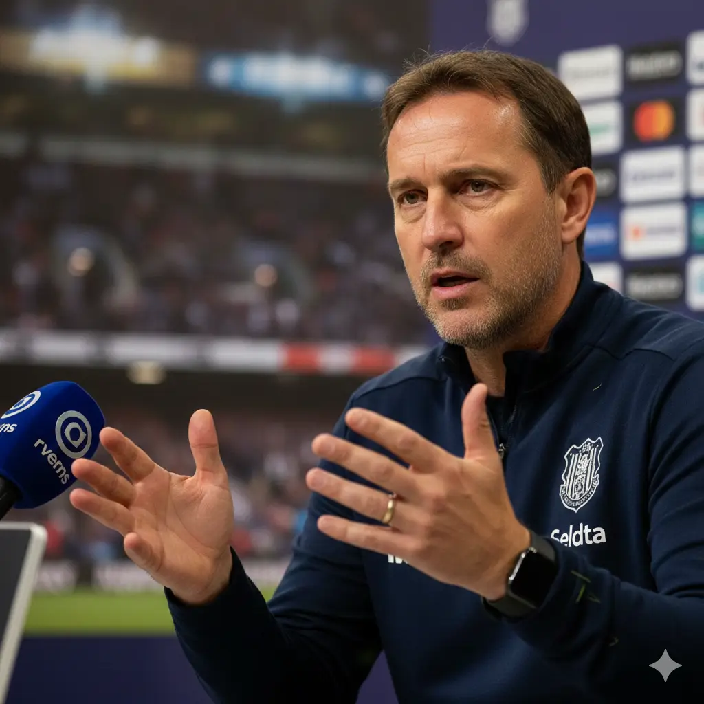 A professional football coach in a team jacket giving a tactical instruction or speaking at a press conference, looking serious and determined.