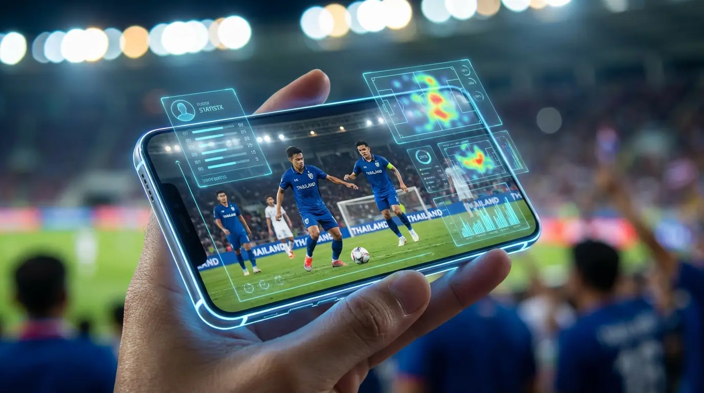 A high-tech smartphone screen displaying a Thai football match with advanced AI statistics and holographic data overlays against a blurred stadium background.