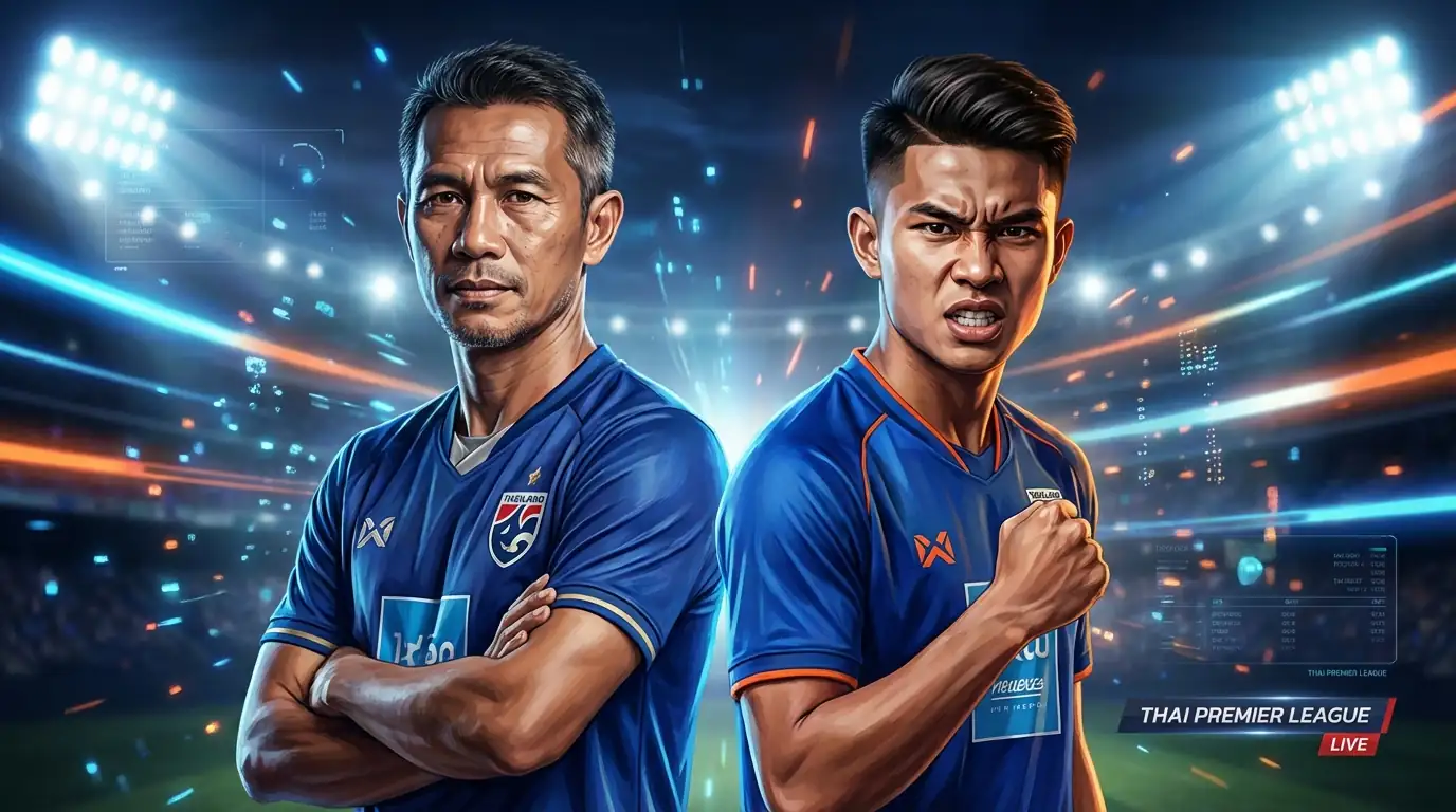A powerful header image showing two Thai professional football players, one veteran and one young star, standing back-to-back in iconic blue national jerseys, representing the generation shift.