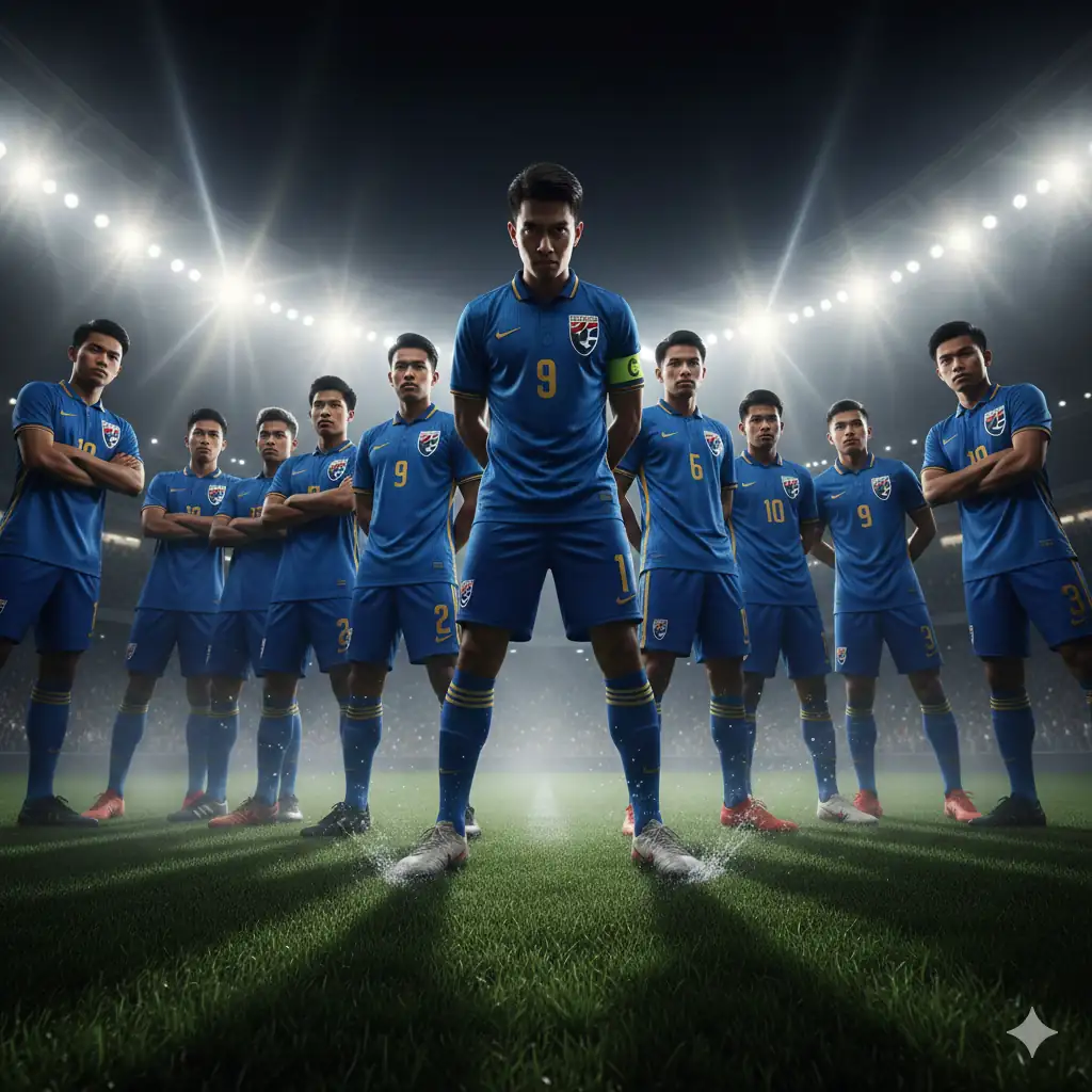A group of young talented Thai football players in blue national kits standing confidently on a modern stadium pitch at night under bright floodlights, representing the future of the national team.