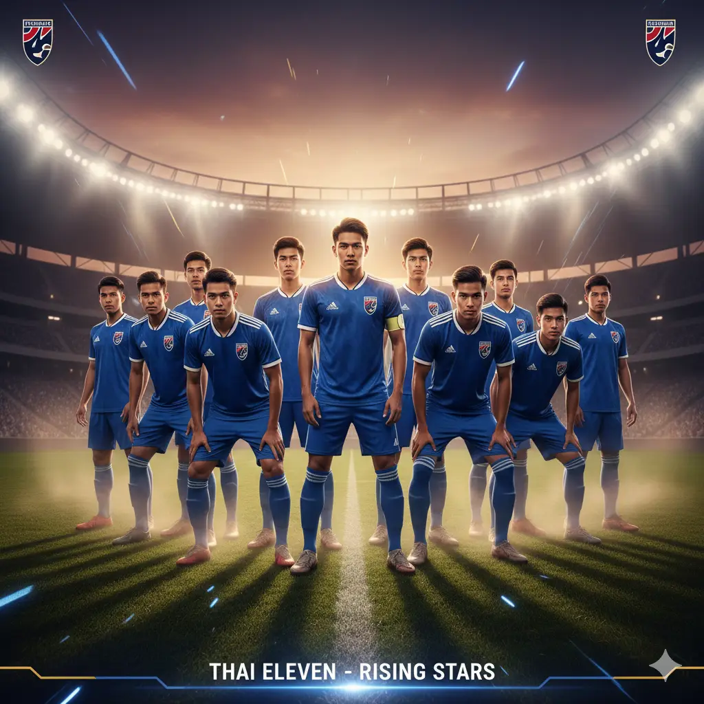 A group of energetic young Thai footballers in blue uniforms standing together on a lush green pitch during sunset, representing the future of Thailand U20 national team.