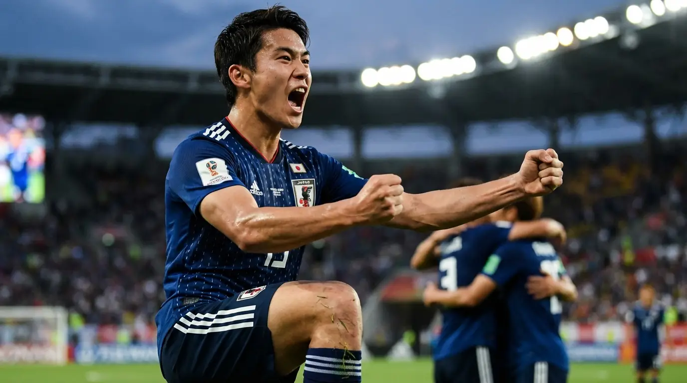 A heroic header image showing a Thai U23 football player celebrating intensely under bright stadium lights after scoring against Iraq.