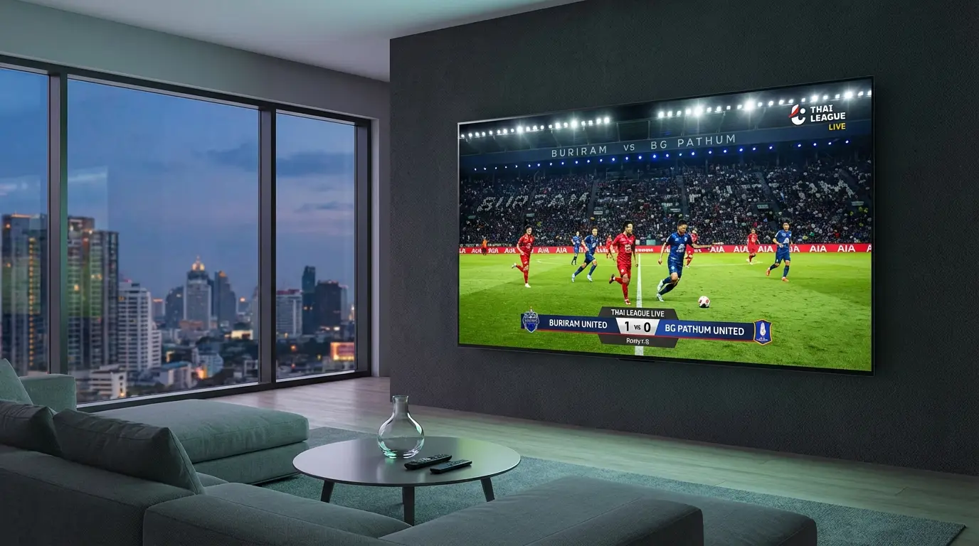 ภาพหน้าจอโทรทัศน์กำลังถ่ายทอดสดฟุตบอลไทยลีกอย่างคมชัด