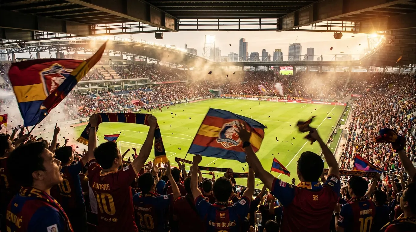 A cinematic high-action shot of passionate Thai football fans in a modern stadium under bright floodlights, waving flags and cheering, capturing the intense atmosphere of a match day.