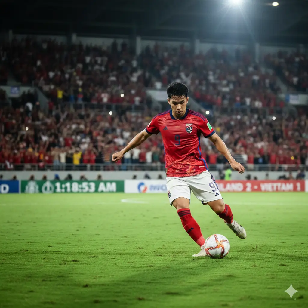 นักฟุตบอลทีมชาติไทยในสนามแข่ง