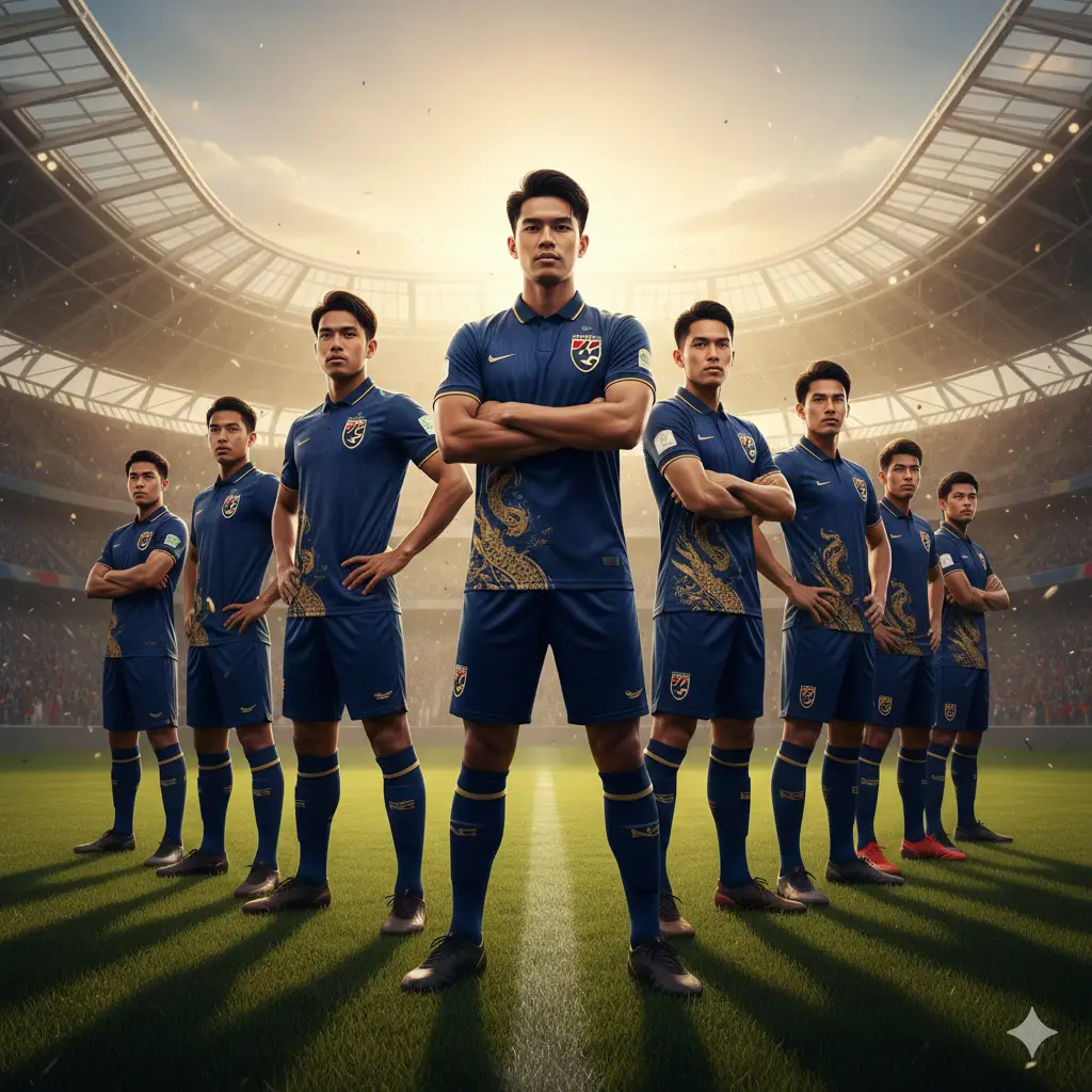 A group of determined young Thai football players in blue national team jerseys standing confidently in a modern stadium at sunset, representing the U17 national team's future.