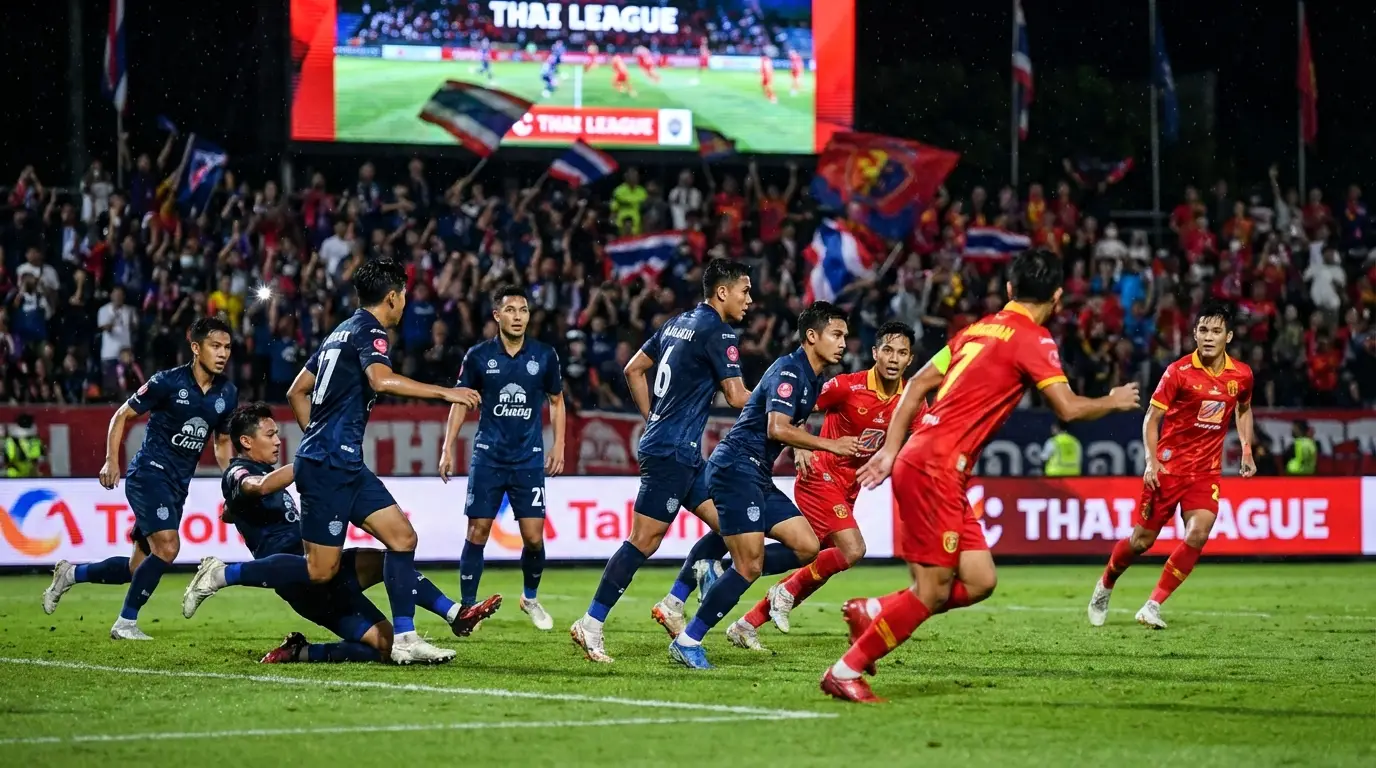 ภาพปก: การเผชิญหน้าอันดุเดือดระหว่างสองทีมยักษ์ในสนามฟุตบอลคืนสำคัญแห่งการลุ้นแชมป์ไทยลีก