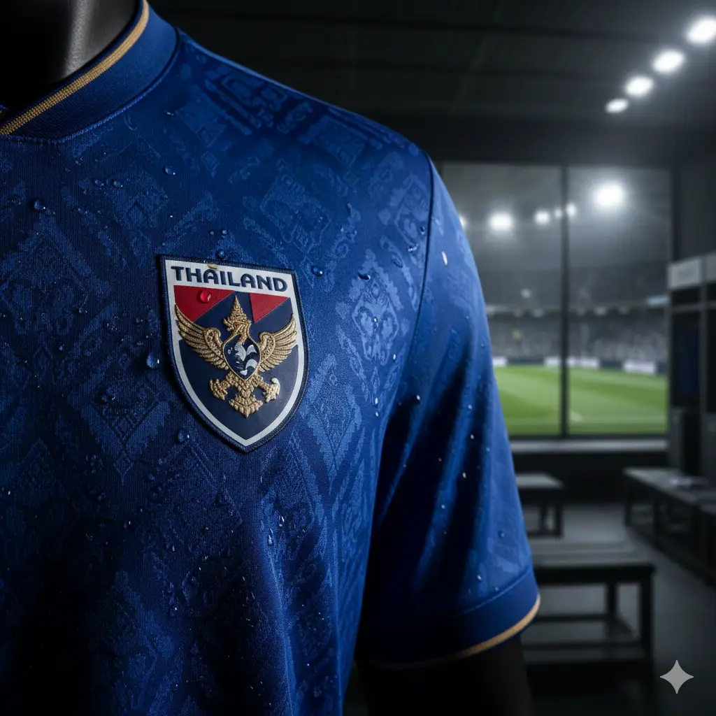 A premium blue Thai national football jersey displayed in a professional locker room, showcasing intricate fabric textures and a 3D crest.