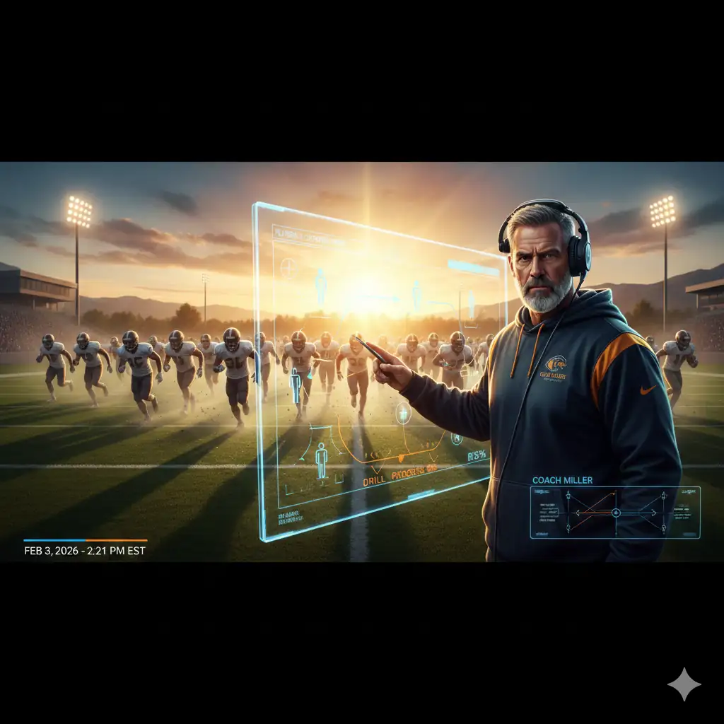 An atmospheric shot of a tactical training session at sunset. A focused coach in a tracksuit points at a tactical board while young players listen intently, emphasizing discipline and unity.