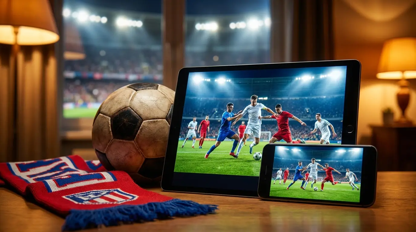 A close-up of a tablet and a smartphone displaying a live football match stream, placed on a table next to a football and a team scarf, conveying digital access to sports.