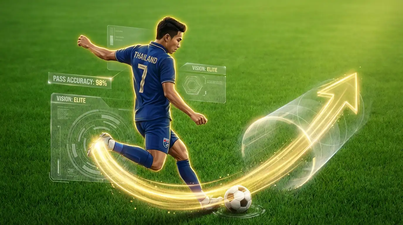 A conceptual image of a Thai playmaker mid-action, seeing a glowing passing lane through the defense, symbolizing tactical vision and statistics-driven performance.