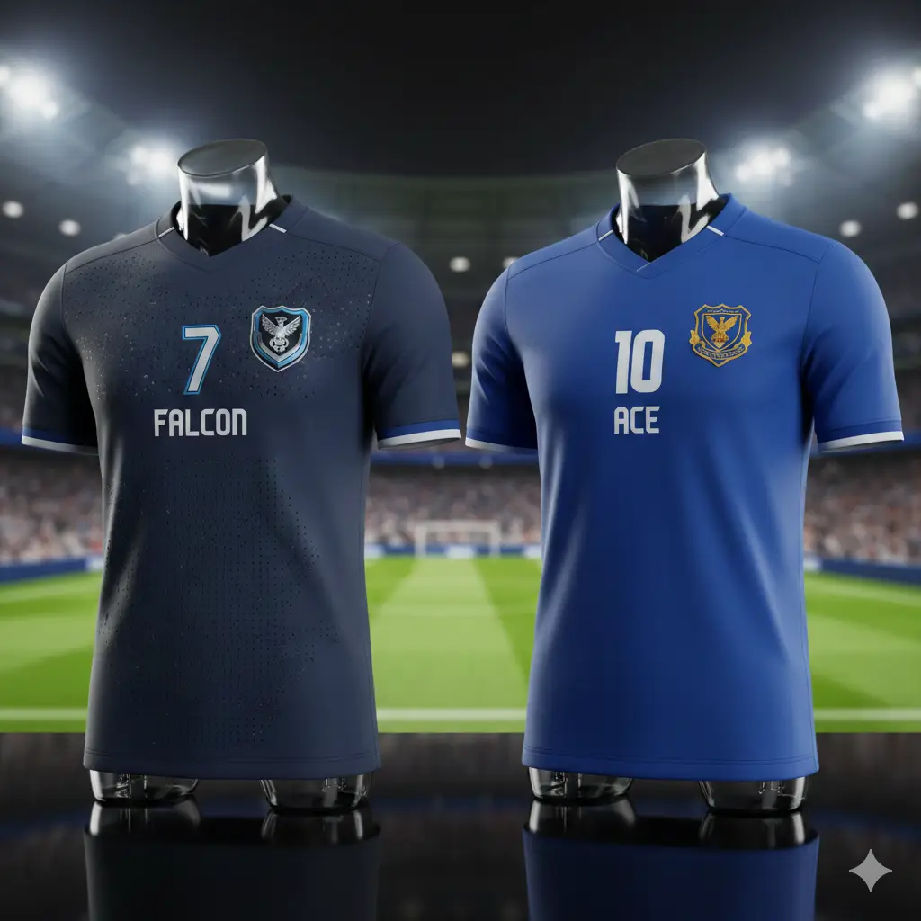 Two blue football jerseys side by side, one showing advanced laser-cut ventilation holes and slim fit cut, the other showing a comfortable standard fan fit.