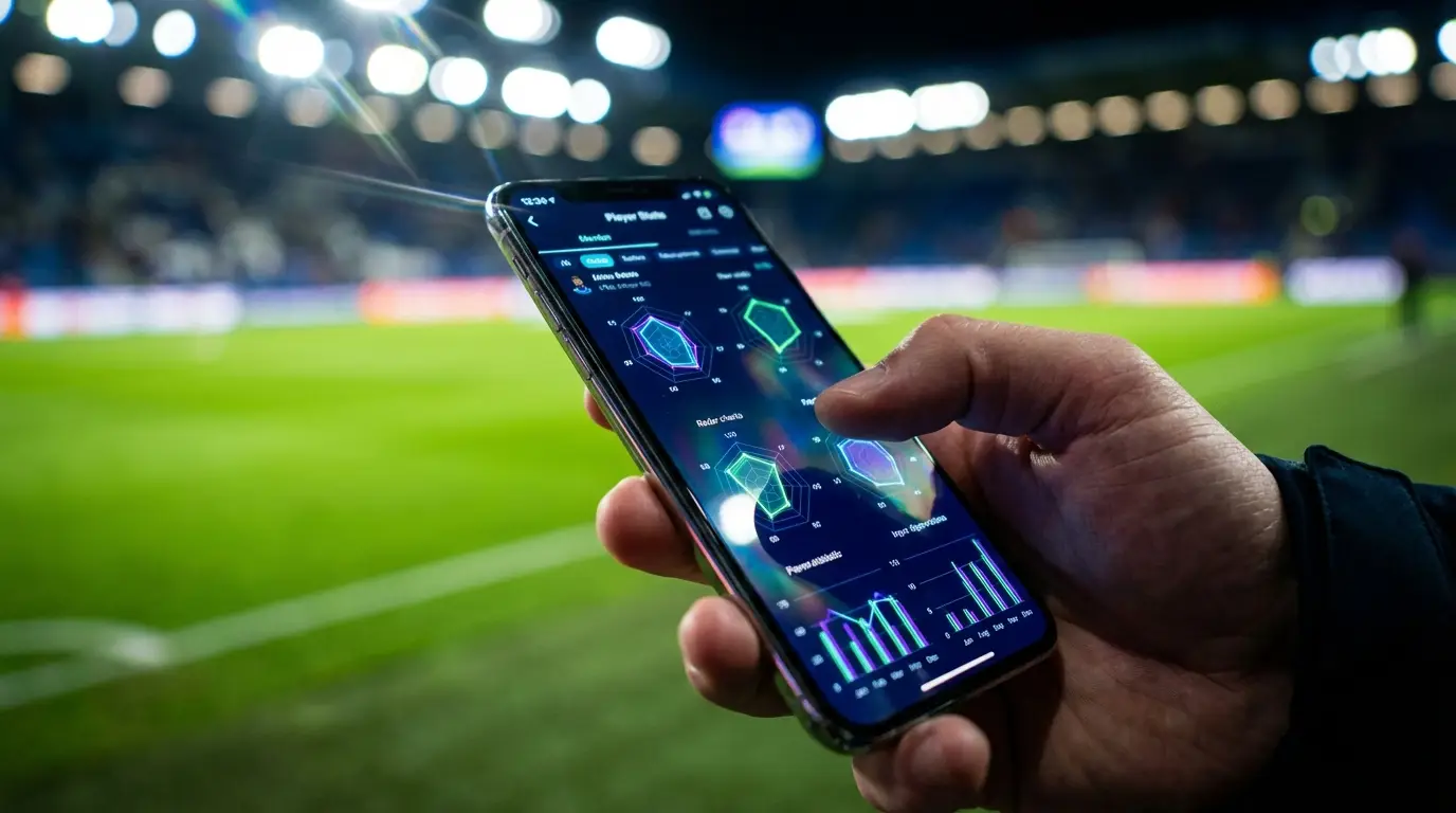 A conceptual image of a smartphone displaying advanced football analytics and player performance charts.