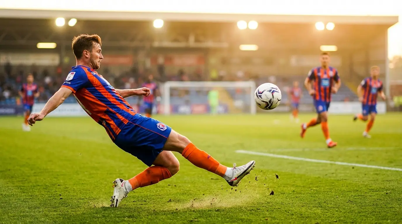 นักเตะการท่าเรือ เอฟซีในชุดสีส้ม-น้ำเงิน กำลังส่งบอลข้ามจากเส้นข้างอย่างแม่นยำเข้าสู่กรอบเขตโทษ สื่อถึงจุดแข็งในการสร้างโอกาสจากริมเส้น