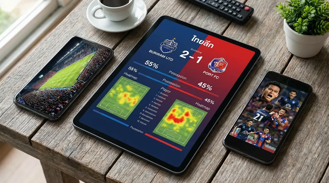 สมาร์ทโฟนและแท็บเล็ตหลายเครื่องกำลังแสดงการถ่ายทอดสดฟุตบอลไทยผ่านแอปพลิเคชัน