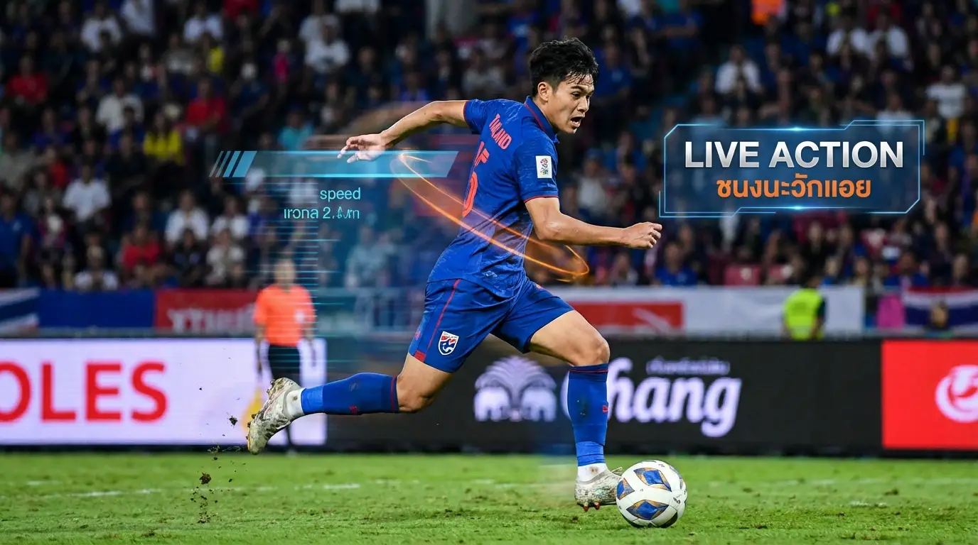 A dynamic action shot of a young Thai football player dribbling a ball with intense focus, sweat droplets visible under stadium lights, capturing the excitement of the game.