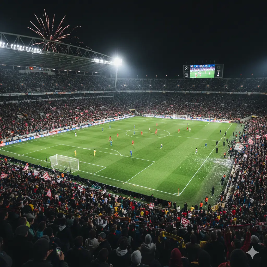 บรรยากาศสนามฟุตบอลตอนกลางคืนที่มีการแข่งขัน