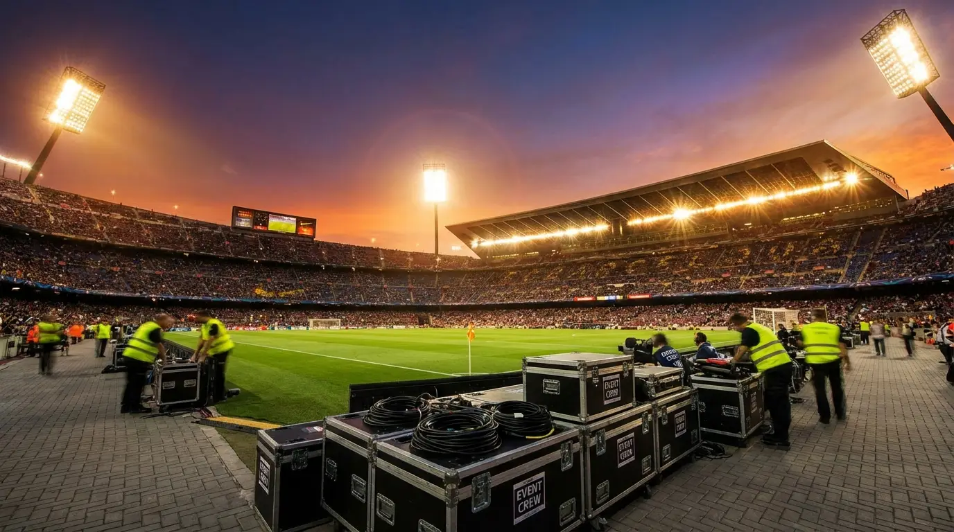 A wide shot of a major modern stadium in Bangkok during twilight, showing the scale of T1 infrastructure and the dual-use for sports and events.