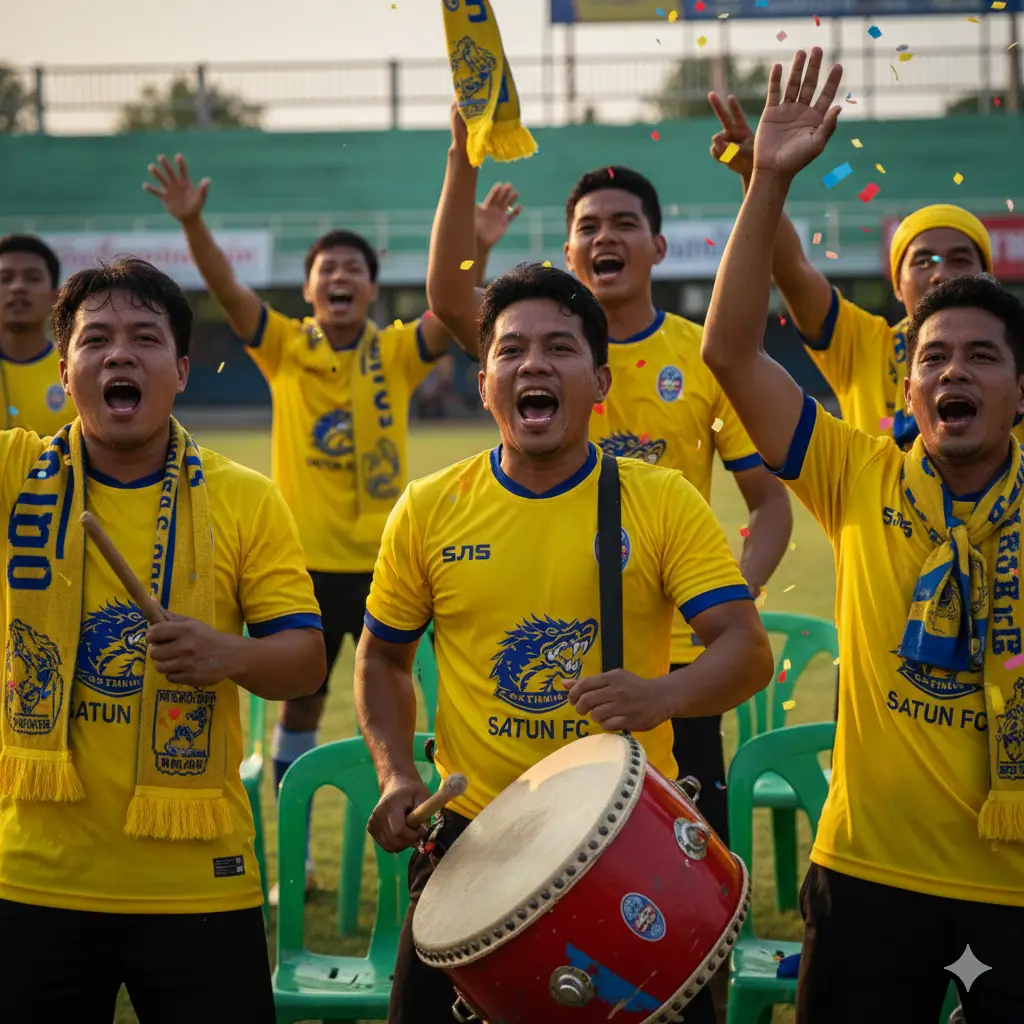 Authentic atmosphere of local Thai soccer fans cheering at a provincial stadium, showing the passion of League 3.