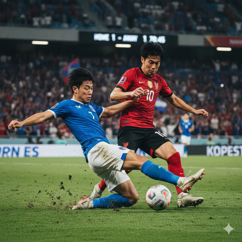 A dynamic action shot of two football players, one in blue and one in green/white kit, competing for the ball with high intensity.
