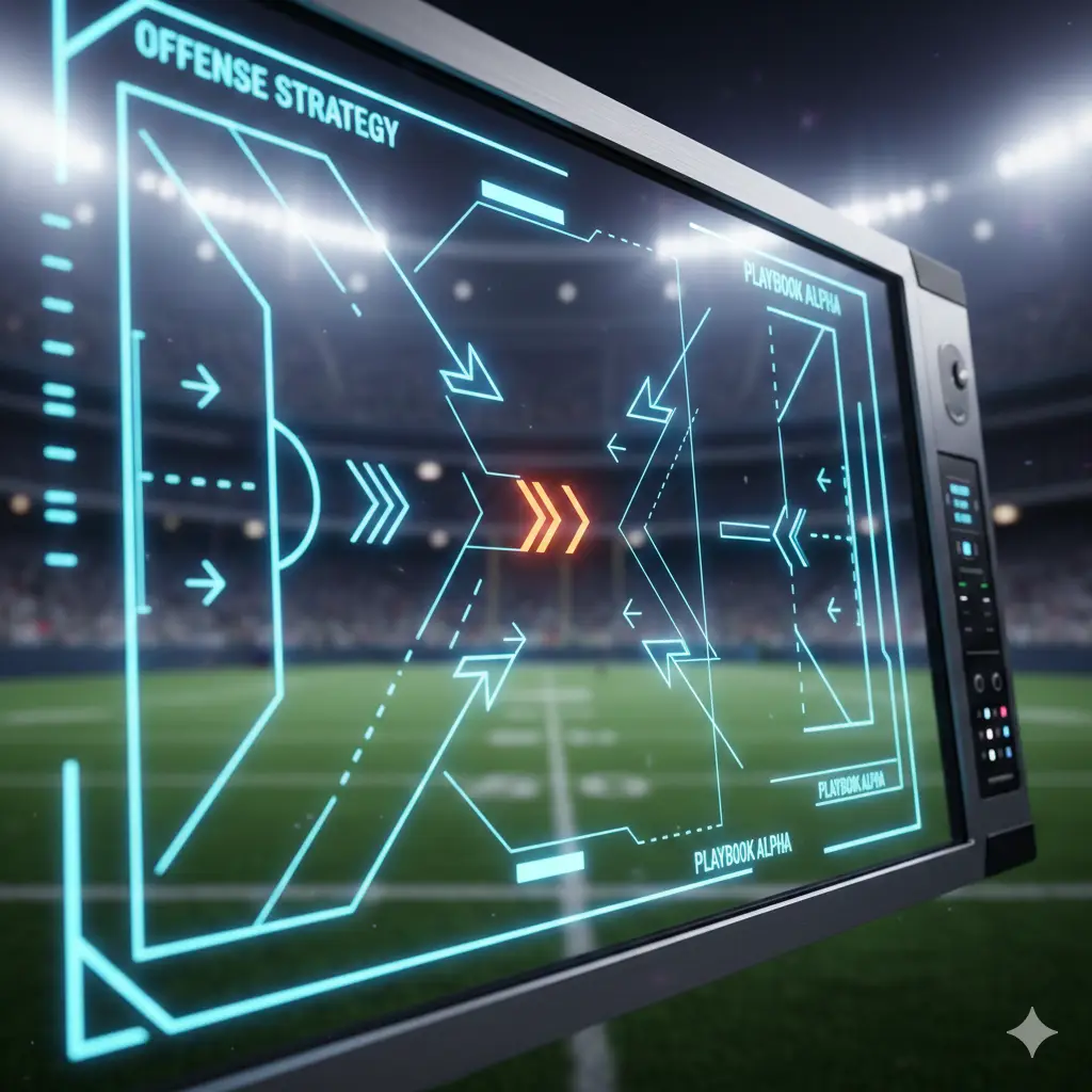 A close-up of a digital tactical board showing football formations and movement arrows, with a blurred football pitch in the background, symbolizing strategic planning.