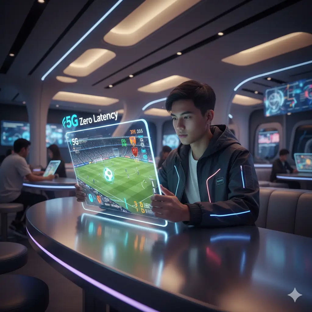 An enthusiastic football fan in a modern setting looking at a high-resolution tablet screen showing a 4K football broadcast with zero-latency indicators.